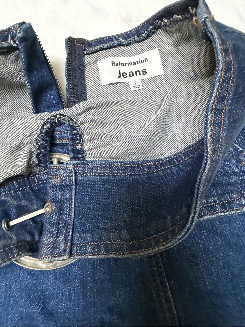 Reformation Strapless Denim Mini Dress with Silver Ring - Picture 2 of 2